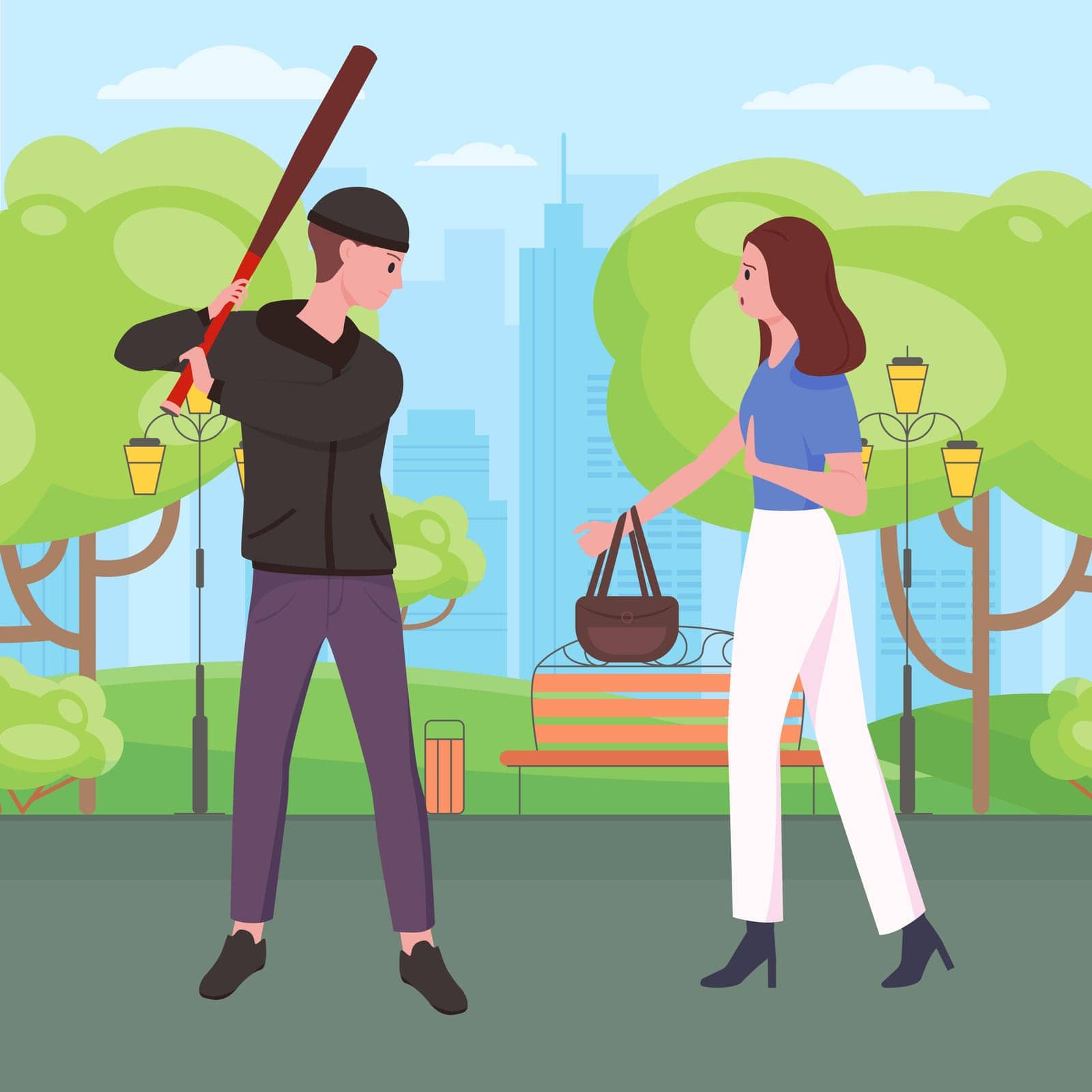 Robbery and theft on city street vector illustration. Cartoon dangerous burglar and girl victim standing on alley of park, threat from male robber with stick to take away bag from walking woman