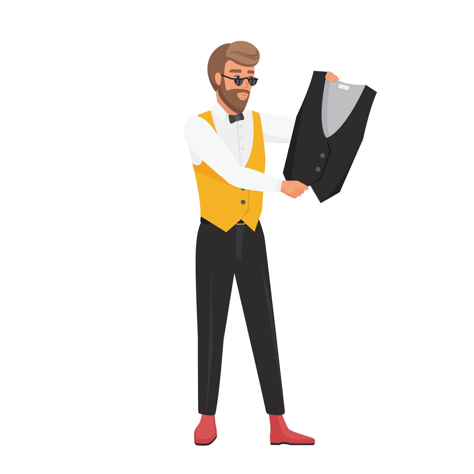 Hipster man choosing clothes. Young bearded man chooses outfit vector cartoon illustration