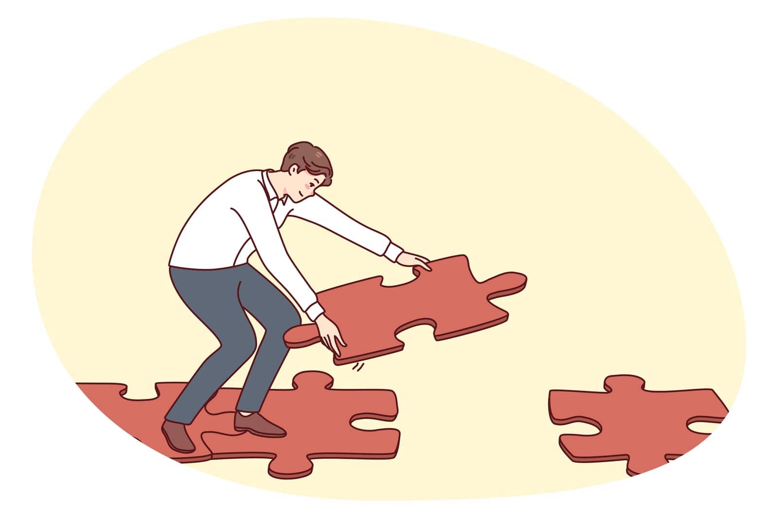 Man connecting jigsaw puzzle pieces making way or road to walk. Male find solution solving problem answering question. Flat vector illustration.