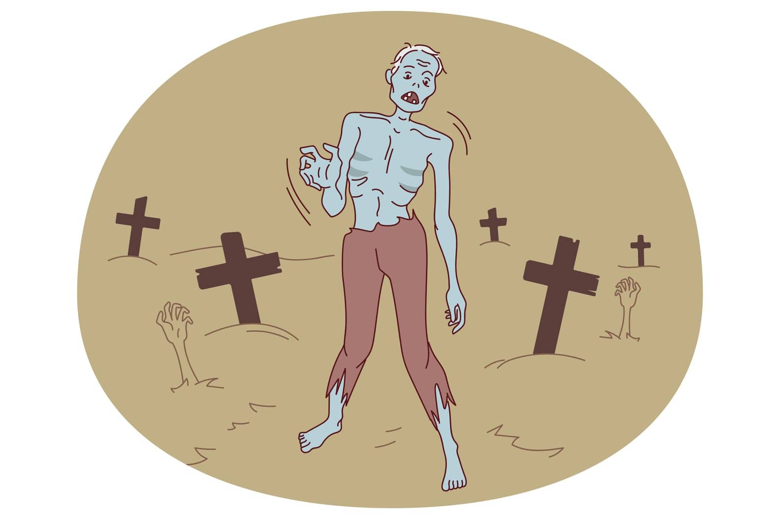 Zombie walking on cemetery at night. Creepy monster on Halloween outside. Walking dead. Vector illustration.