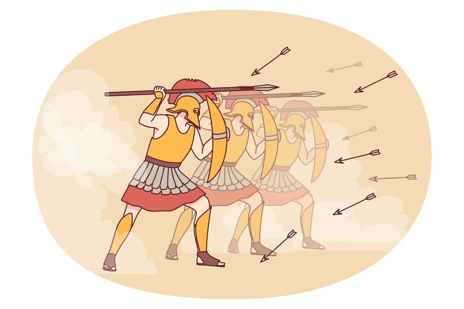 Spartans in armor with shields and spears go on attack. Squad of warriors in protective garment assail together. War and ancient ages. Vector illustration.