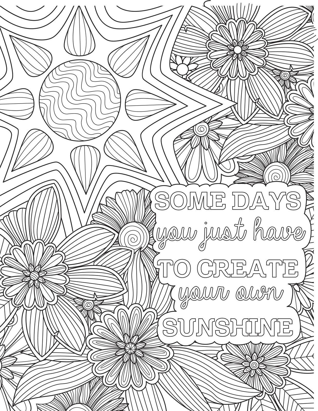 Sun Line Drawing Shining Above Inspirational Note Surrounded With Flowers.
