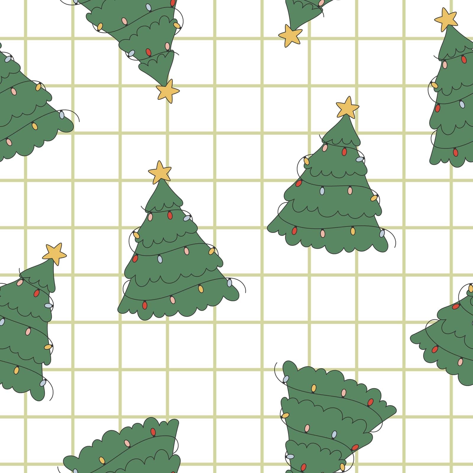 Christmas groovy seamless pattern with Christmas tree on checkerboard background. Retro background for wrapping paper, invitation, greeting card, textile. Vector illustration
