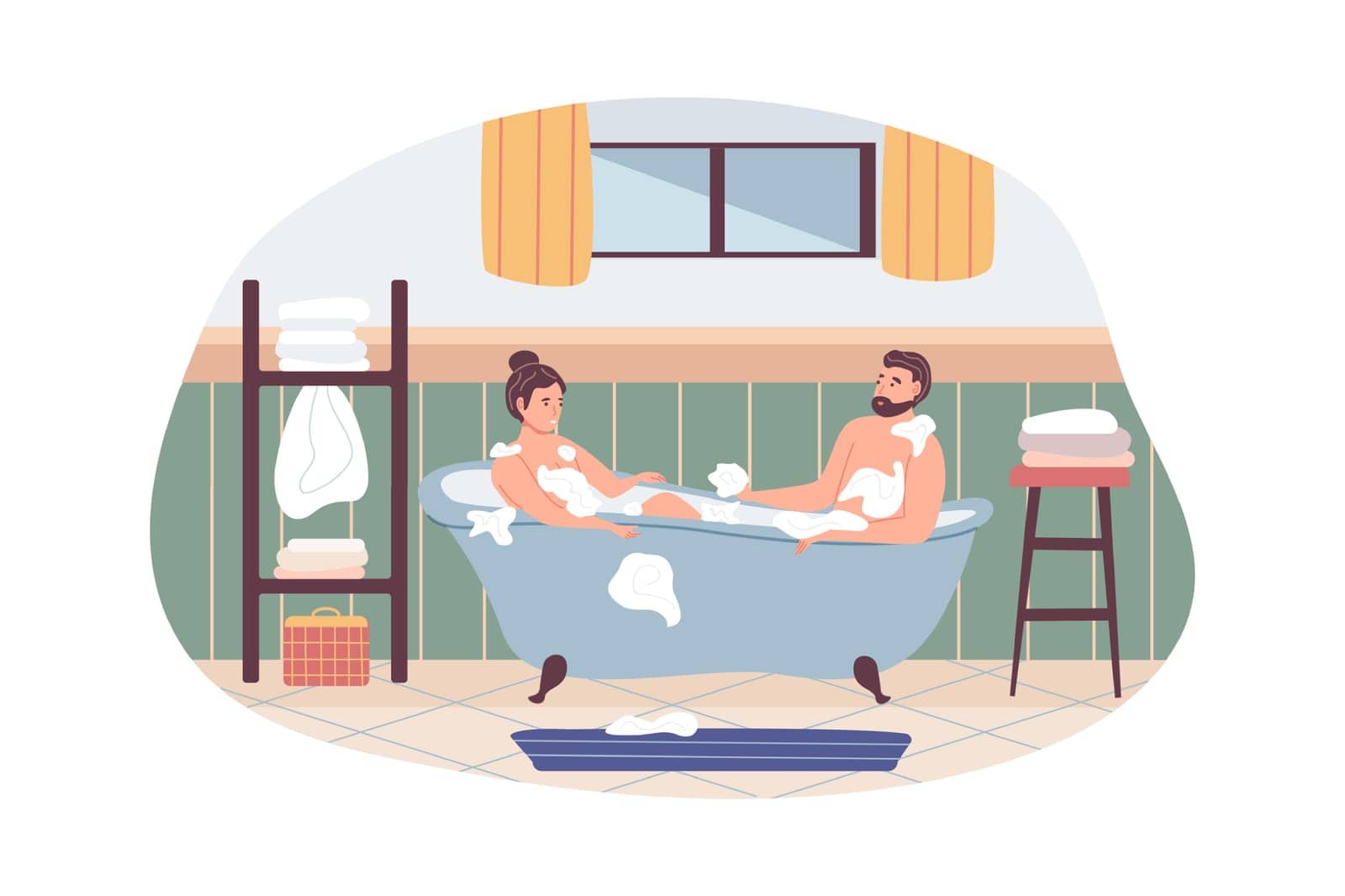 Everyday routine scene from the morning habit. A young woman and man take a bath. Everyday personal care, skincare daily routine, hygienic procedure. Flat cartoon vector illustration.