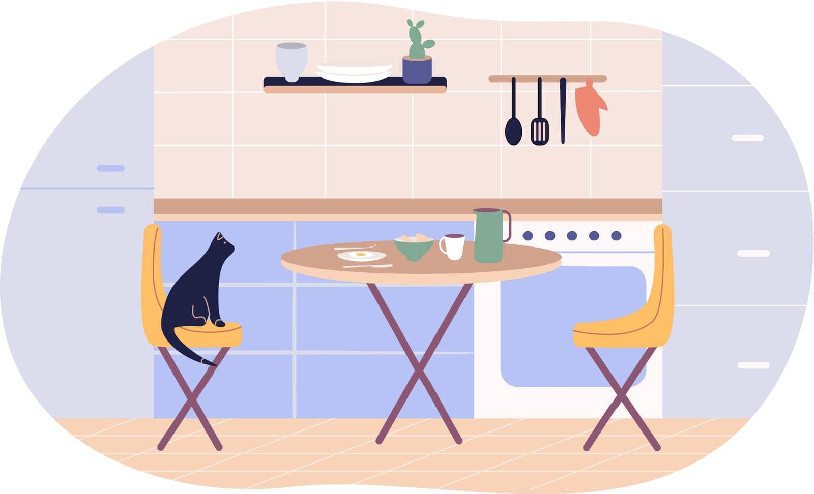 Kitchen room, breakfast on the table, a cat sitting on a chair. Daily routines by ircydraw