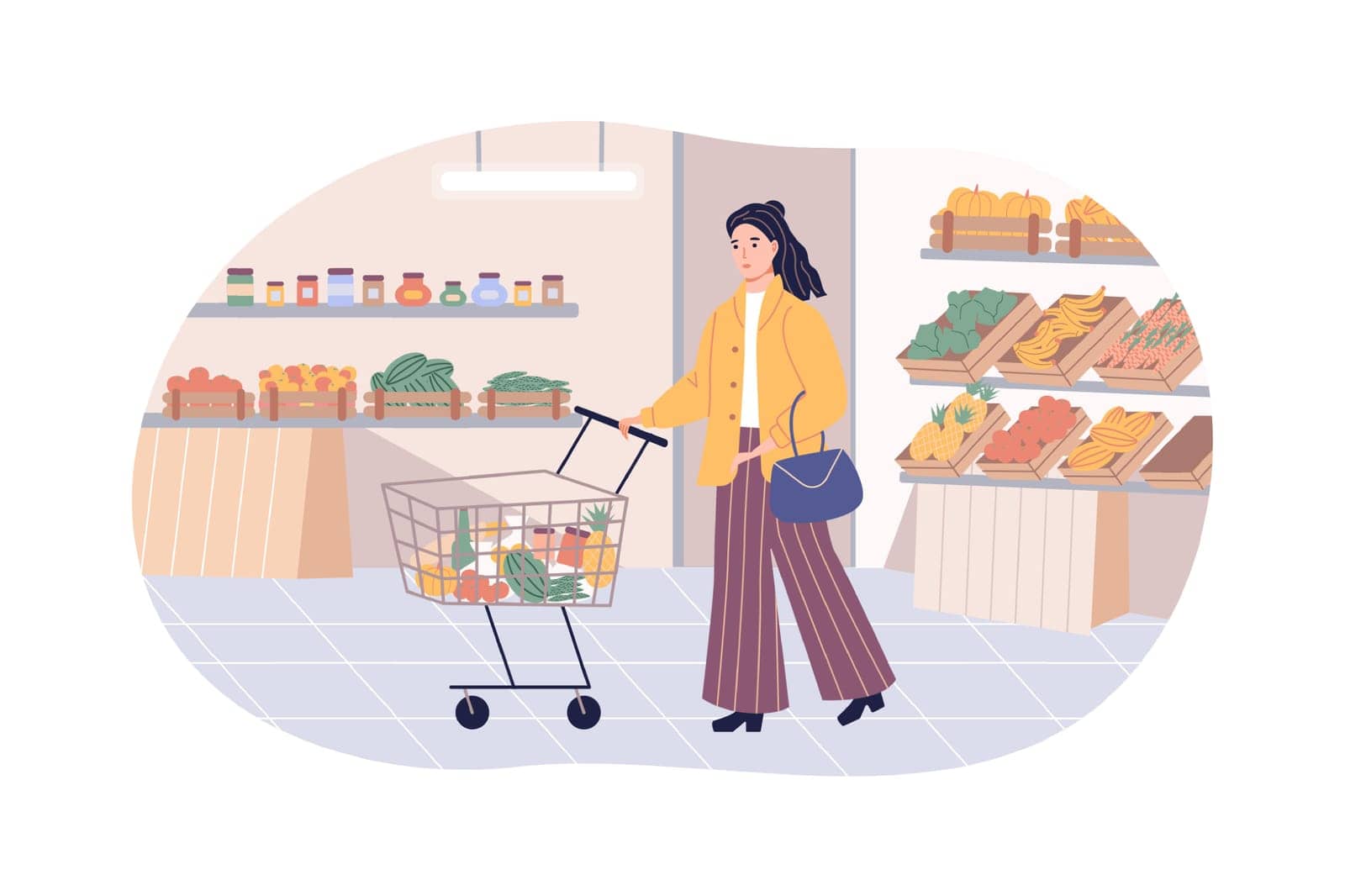A young woman is shopping in a store. The girl buys products, fruits, and vegetables. Daily leisure routines and everyday activities. Flat cartoon vector illustration.