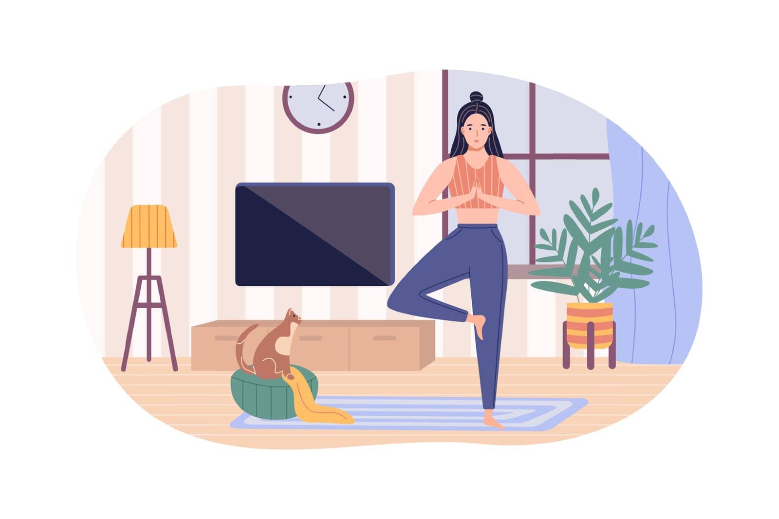 The girl is doing exercises in the living room. Daily routines and everyday activities of young women spend time. Flat cartoon vector illustration.