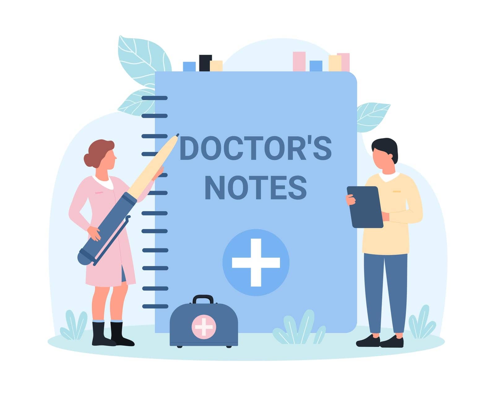 Medical notes about patients health and prescription vector illustration. Cartoon tiny people holding pen to write personal information, checkup report and diagnosis in paper notebook, medical service