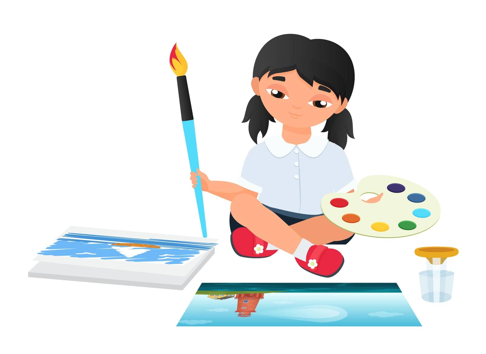 School kid painting. School education, drawing lesson, school pupil vector illustration