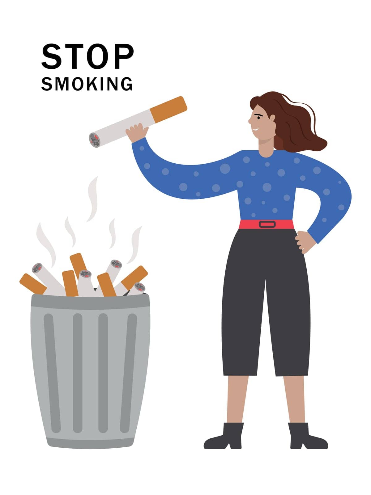 A young girl throws out cigarettes. The woman quit smoking. Self-improvement, self-improvement, self-care. Flat vector illustration