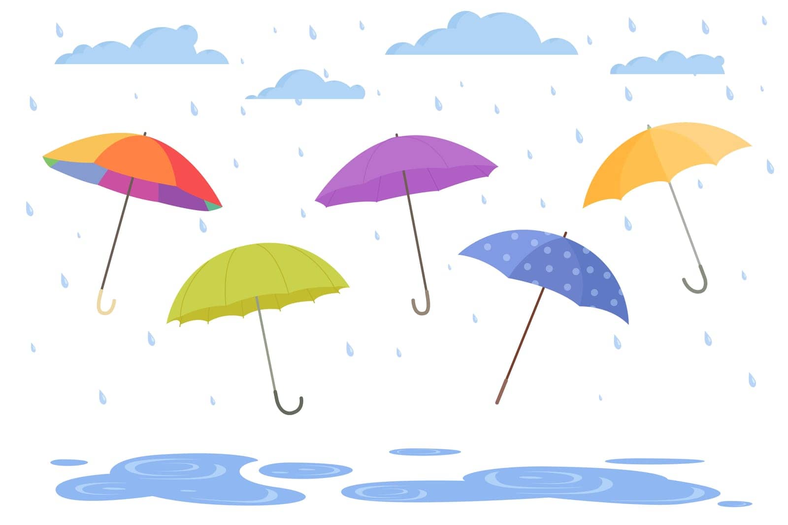 Open umbrella set to protect from rain vector illustration. Cartoon isolated parasols in different colors with handles and waterproof fabric, accessory for protection against raindrops from clouds