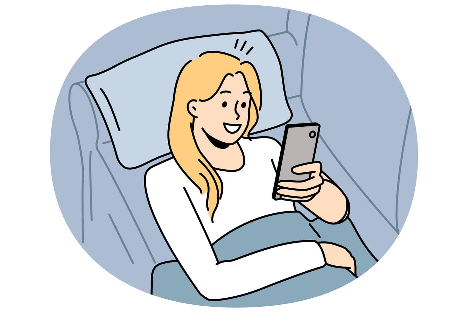Happy girl lying on couch using cellphone texting or messaging. Smiling young woman relax on sofa at home browse internet on smartphone. Vector illustration.