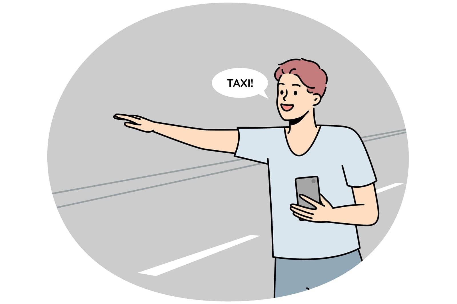 Smiling young man with cellphone in hands catch taxi with hand gesture on road. Happy guy with smartphone get cab outdoors. Vector illustration.