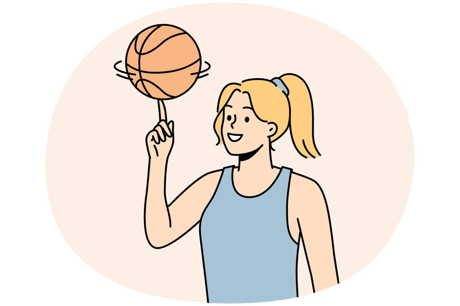 Smiling young woman athlete spin ball on finger. Happy girl basketball player play with ball. Sport and game activity. Vector illustration.
