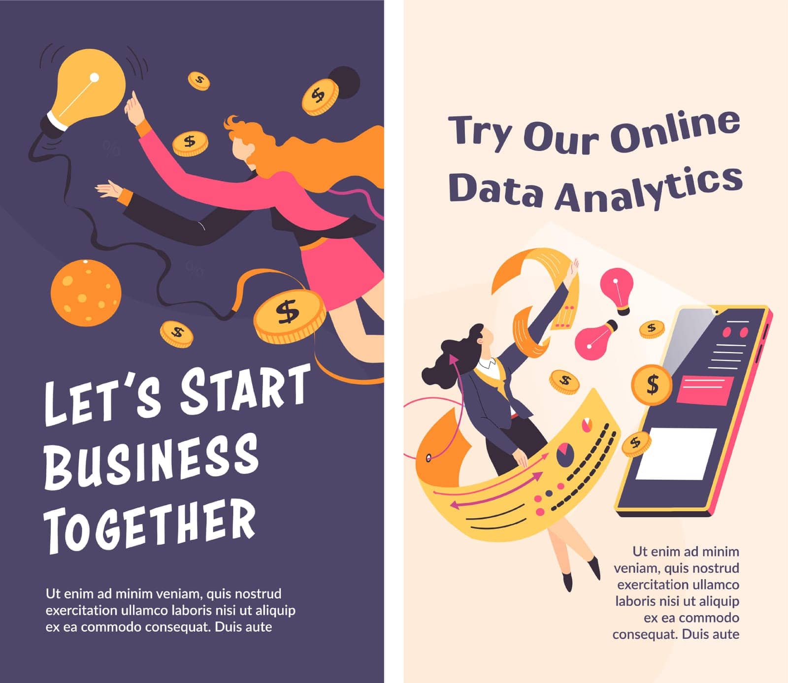 Try our online data analytics for your startup or business. Financial solutions for your company, tips and advise for improvement. Promotional banner, advertising and branding, vector in flat style