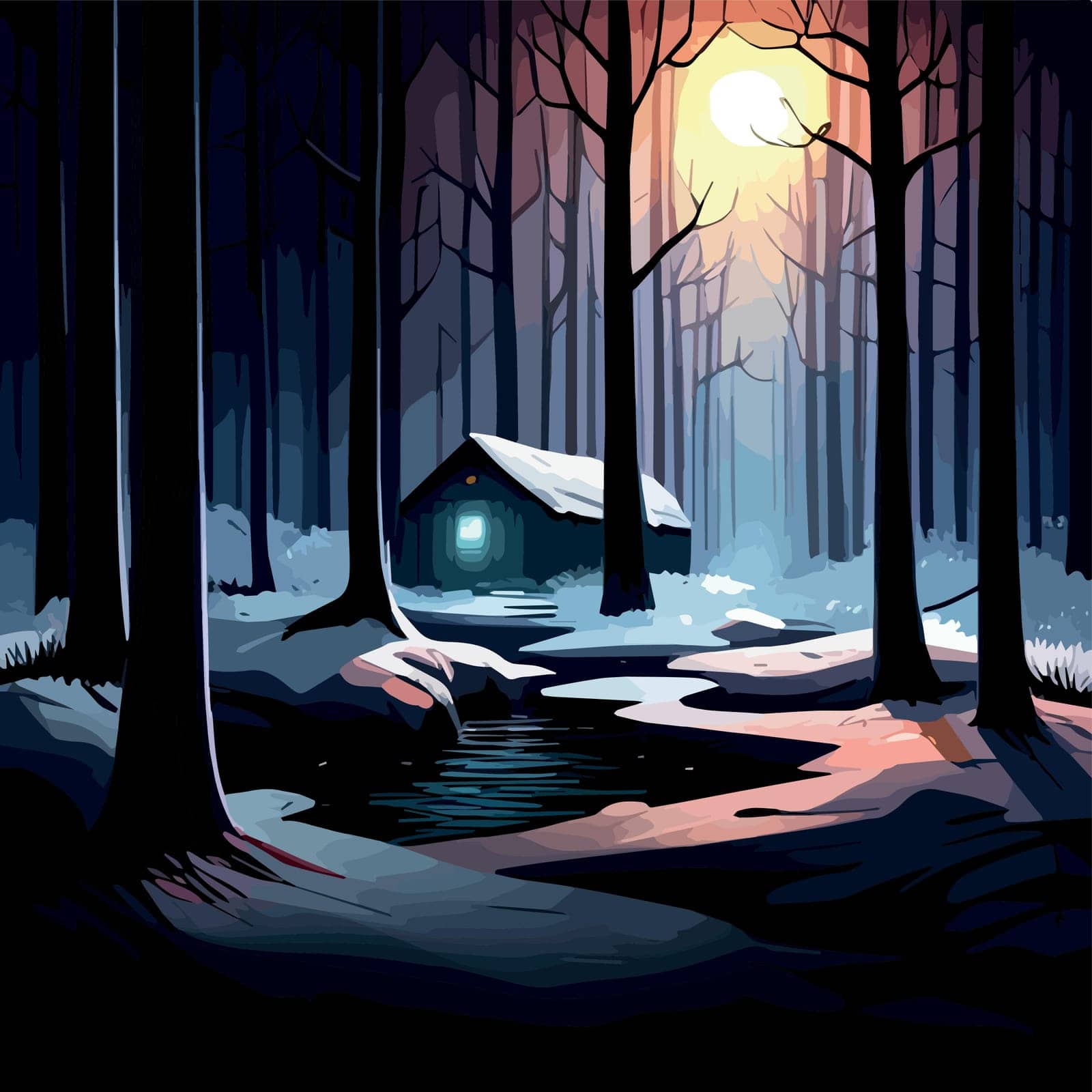 Landscape with moon moonlit night dark mysterious black forest and a home cottage house in winter, vector illustration