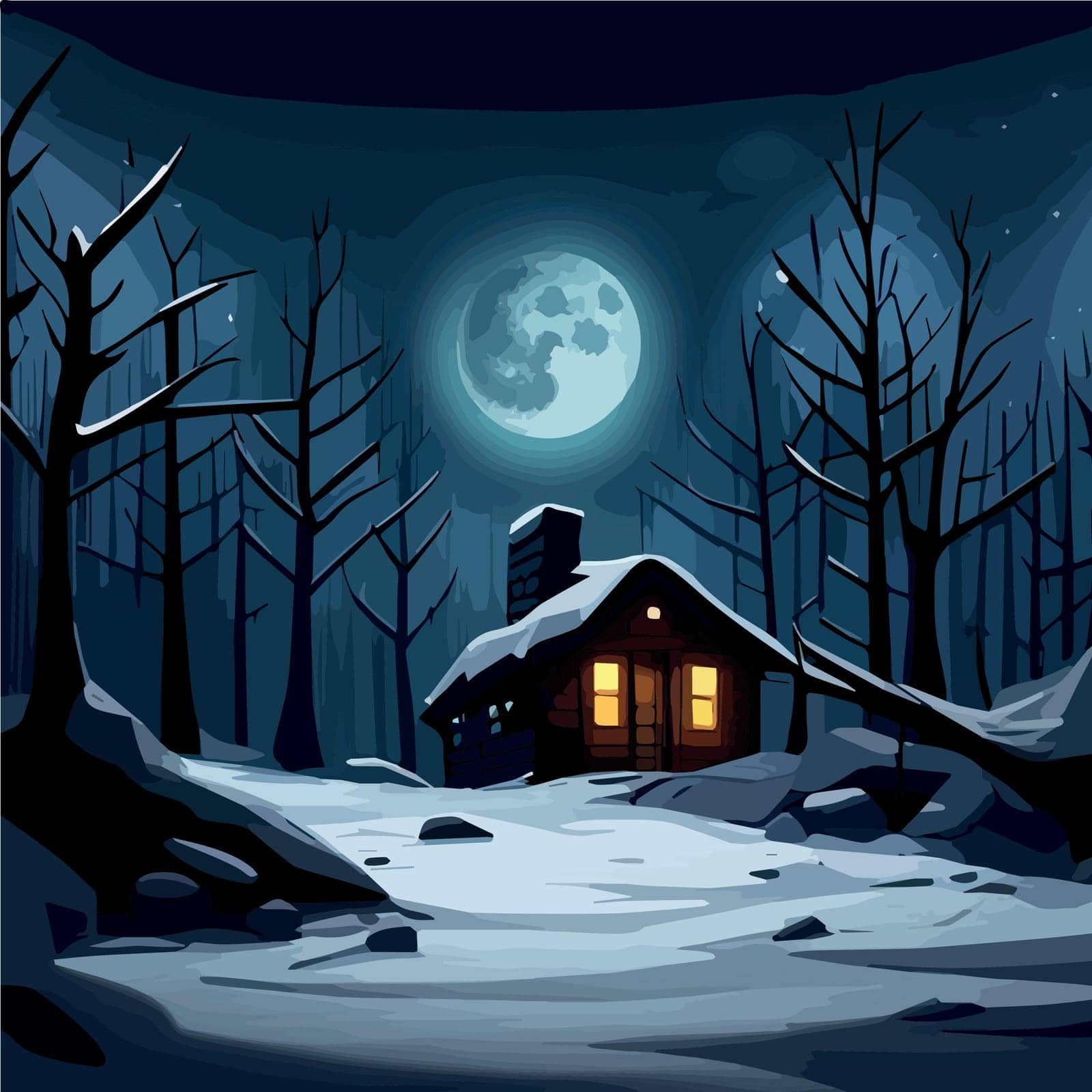 Landscape with moon moonlit night dark mysterious black forest and a home cottage house in winter, vector illustration