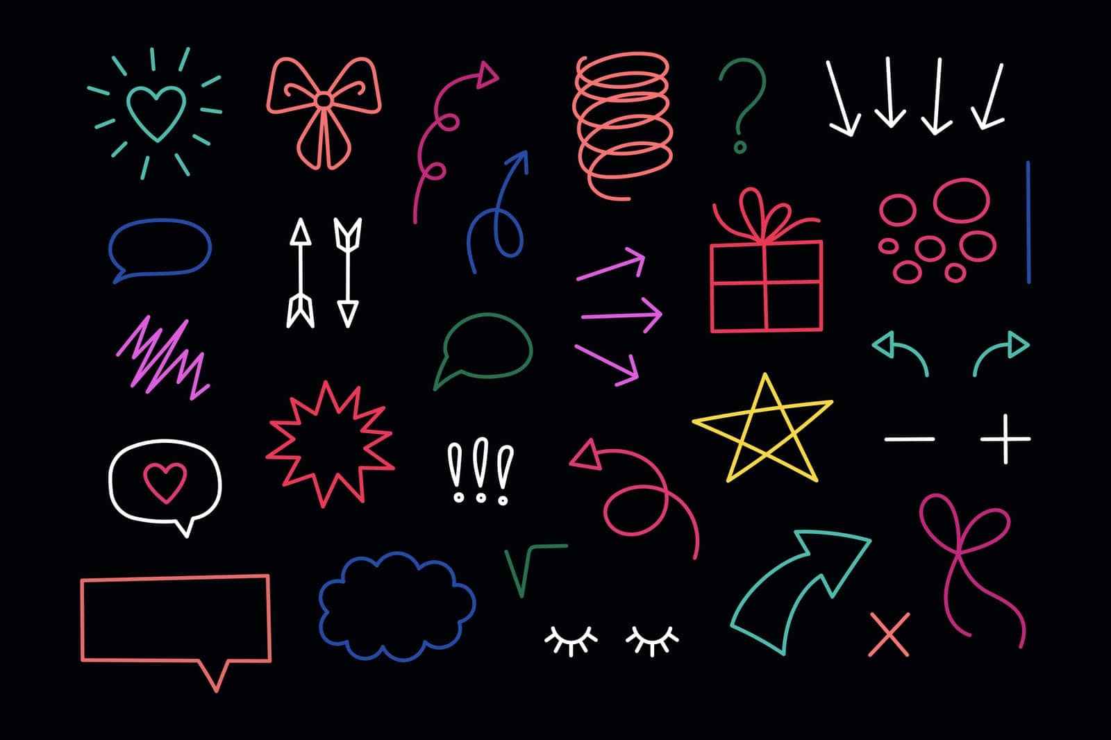 Hand drawn doodle elements set. Dark theme. Cartoon illustrations on black background. Neon elements. Hand drawn Abstract shapes. Doodles of hearts, ribbons, bows, stars, gifts, arrows.
