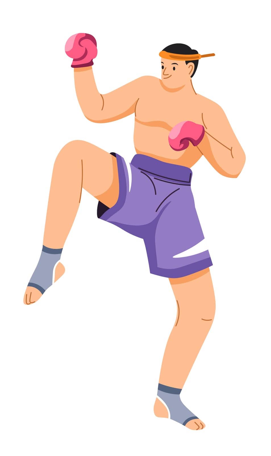 Sportsman wearing protective gloves for hands, band on head, shorts and support for feet. Thai boxer or fighter training and working out for competition or sporting event. Vector in flat style