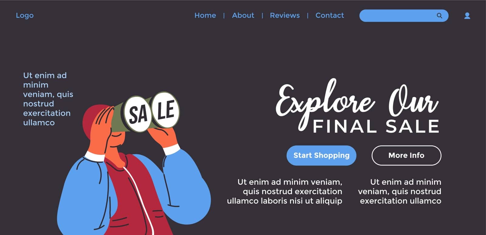 Final sale, explore our shop with discounts and special offers for clients and customers. Buy goods and order online, get more info. Website landing page template, internet site. Vector in flat style