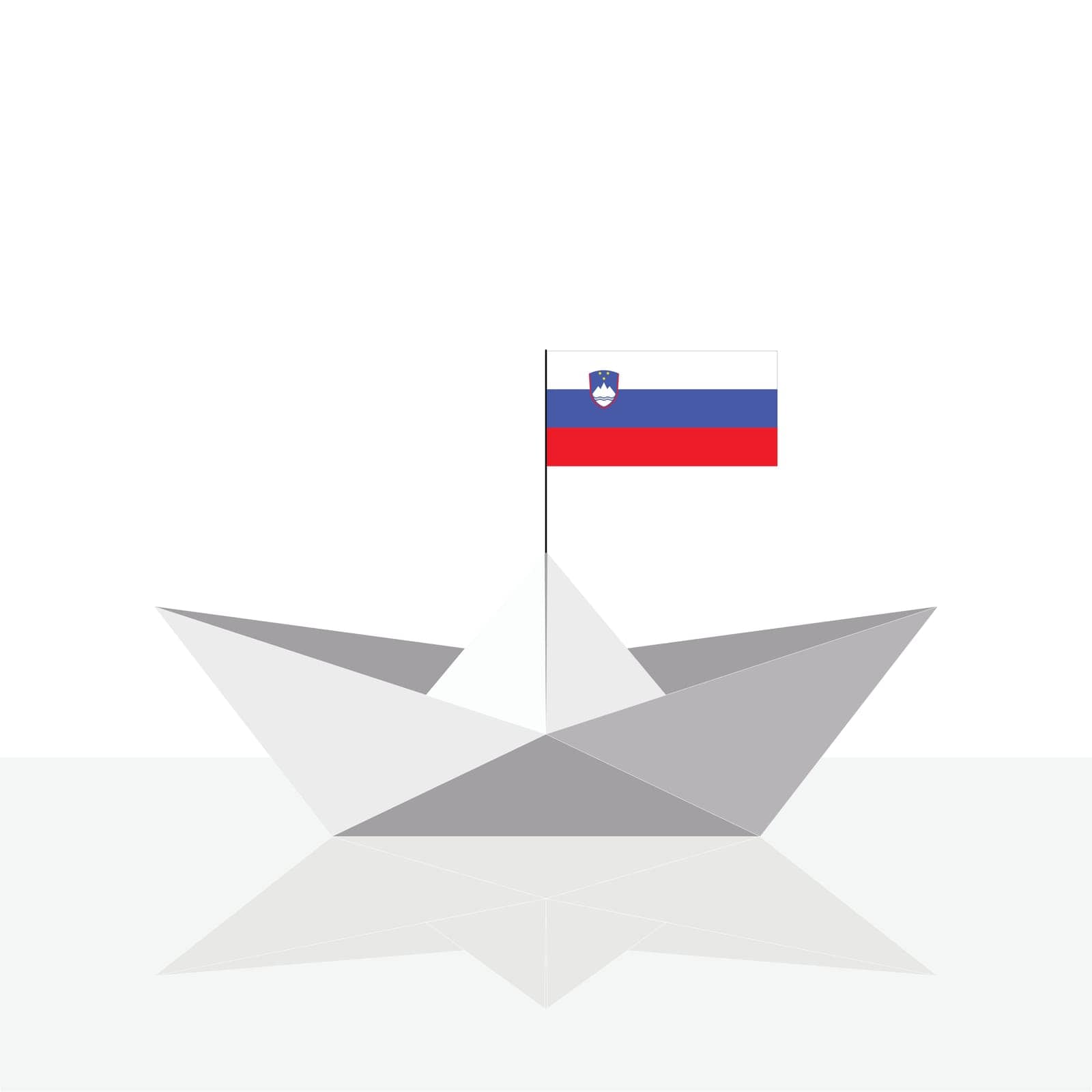 Origami paper ship with reflection and Slovenia flag. Vector flat illustration.