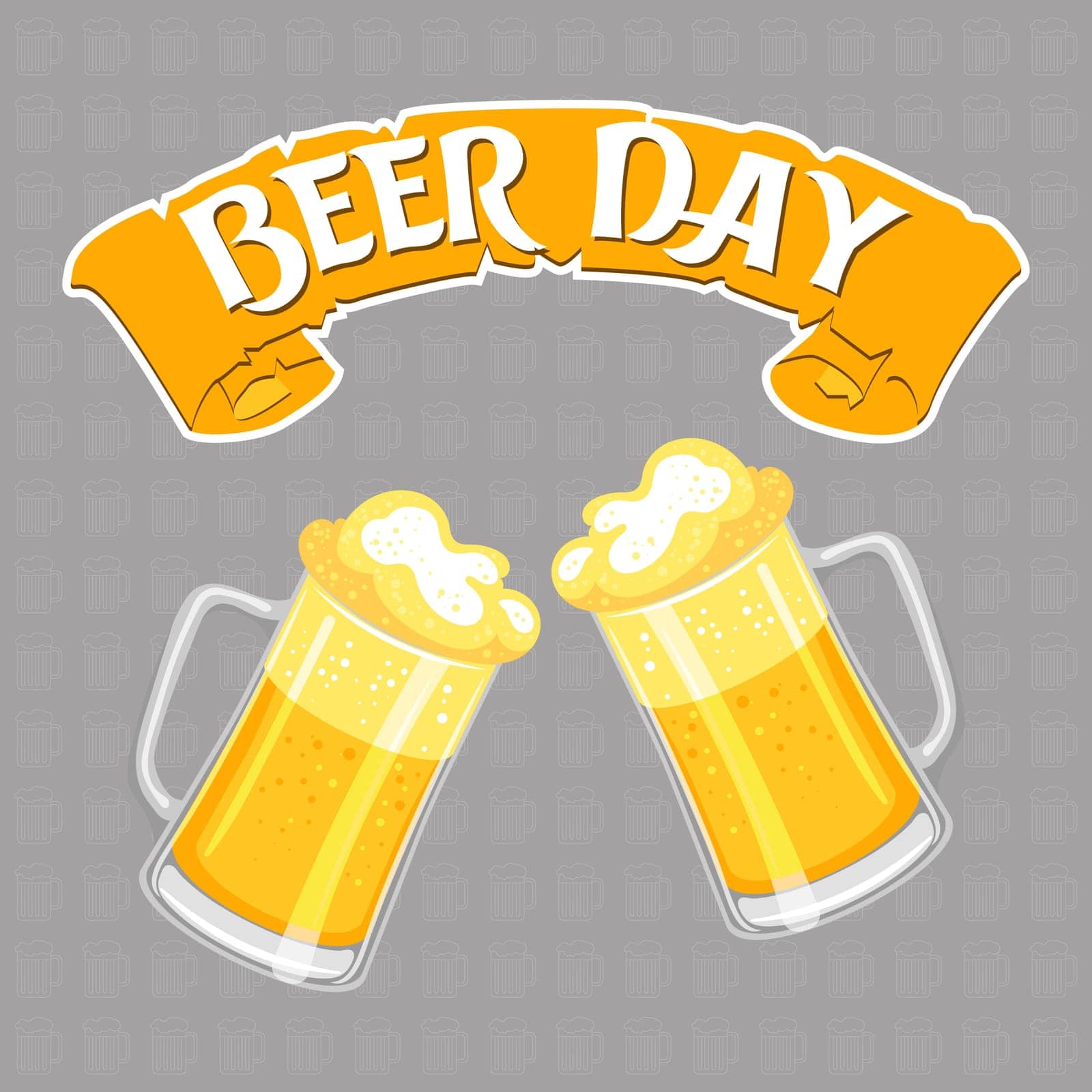 Beer day. Glass mugs with foamy beer. Drink. Illustration, vector