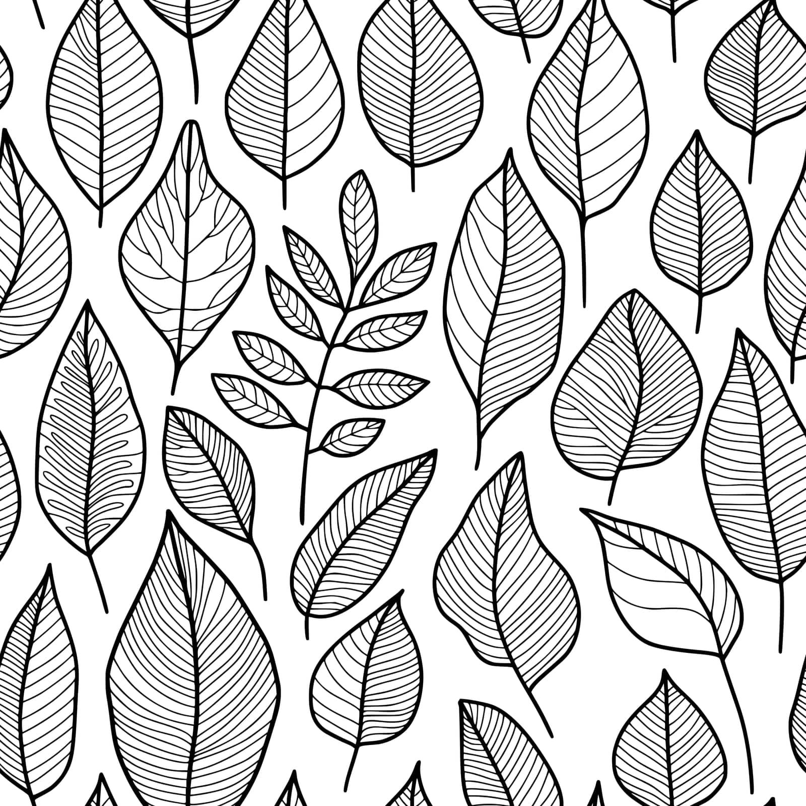 Abstract Leaf Pattern, Black Outline Drawing on a White Background, Floral Repeating Intricate Line Art Wallpaper Design for Printing on Fashion Textile, Fabric, Wrapping Paper, Packaging