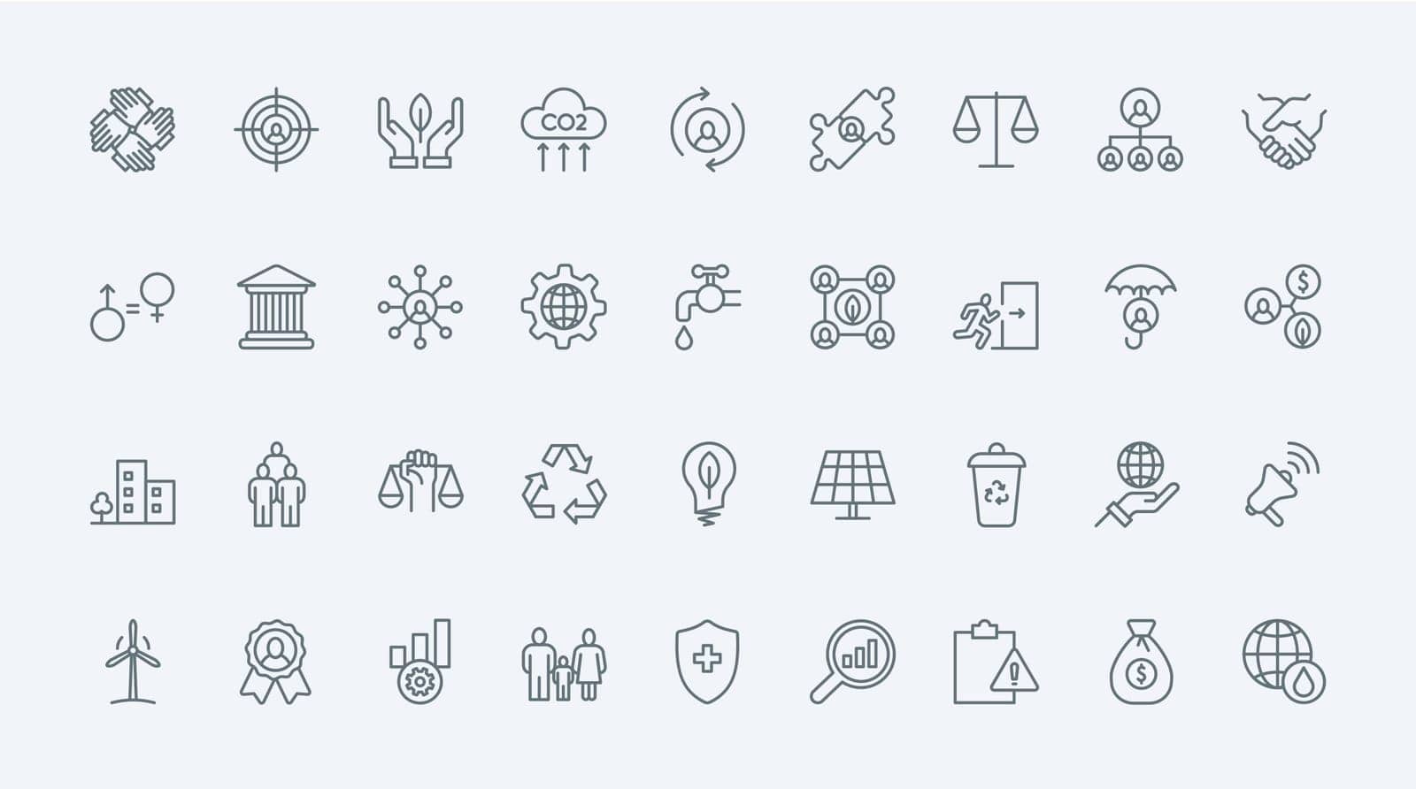 ESG thin line icons set vector illustration. Outline pictograms of environmental, social criterias for corporate management, investment and organisation of company, financial care, safety and ethics