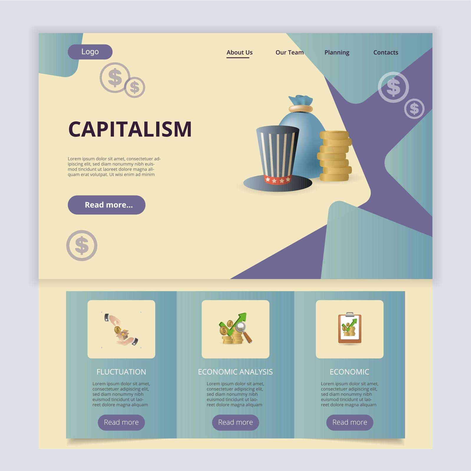 Capitalism flat landing page website template. Fluctuation, economic analysis, economic. Web banner with header, content and footer. Vector illustration. by simakovavector