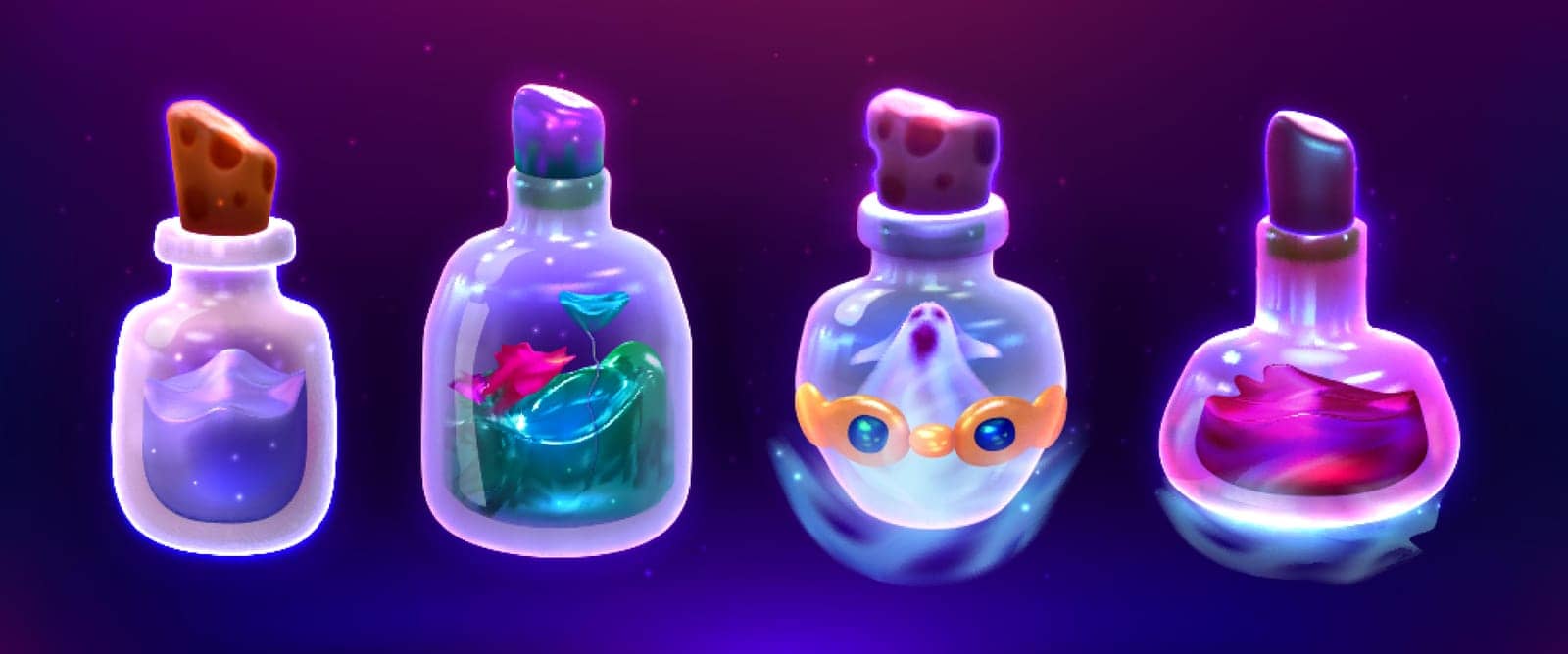 Magic potions in glass bottles with corks. Game props cartoon vector set. Liquid poisons or witchcraft accessories on dark background. Elixir of life, alchemy vials different color, substance inside.