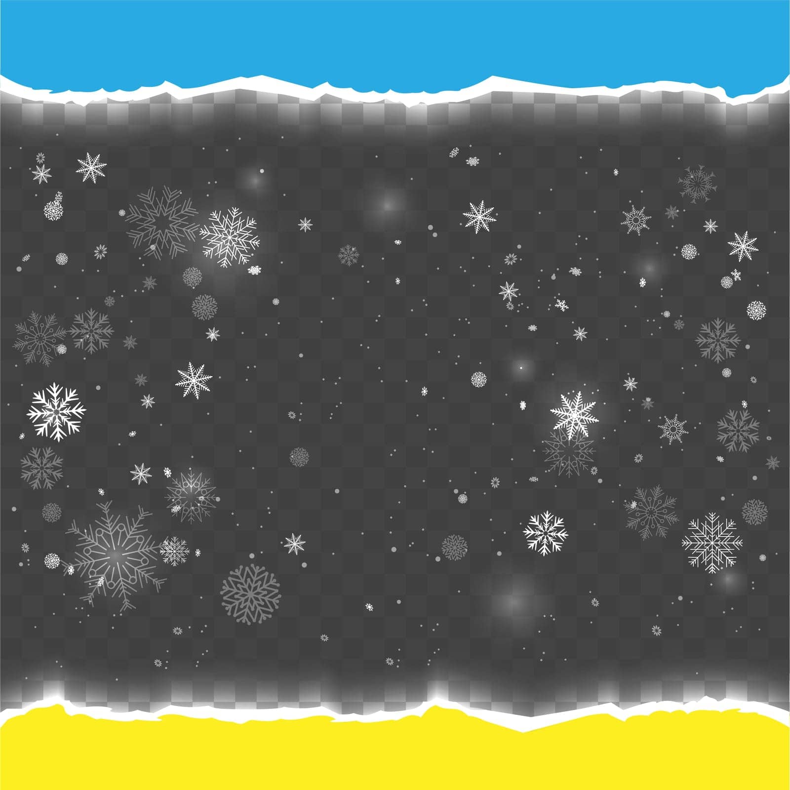 Christmas torn Ukraine paper flag with falling snow. Realistic dark empty scrap background with snowfall and strip space for text. Grey Holiday snowflakes paper Ukrainian template