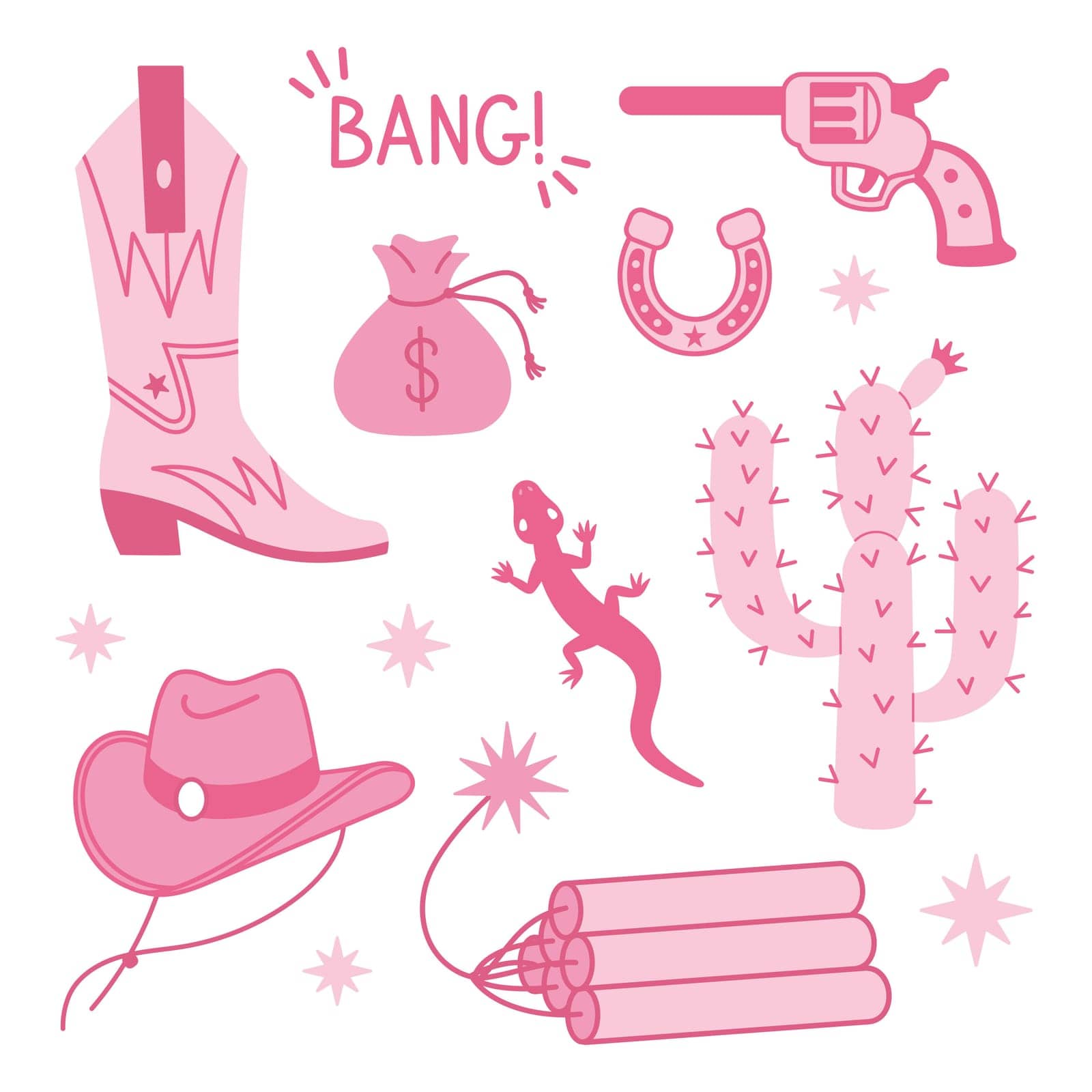 Cowboy Pink core fashion elements collection. Cowgirl boots, hat, horseshoe, cactus, and lettering. Cowboy western and wild west theme set. Hand drawn vector illustration. Doodle icons