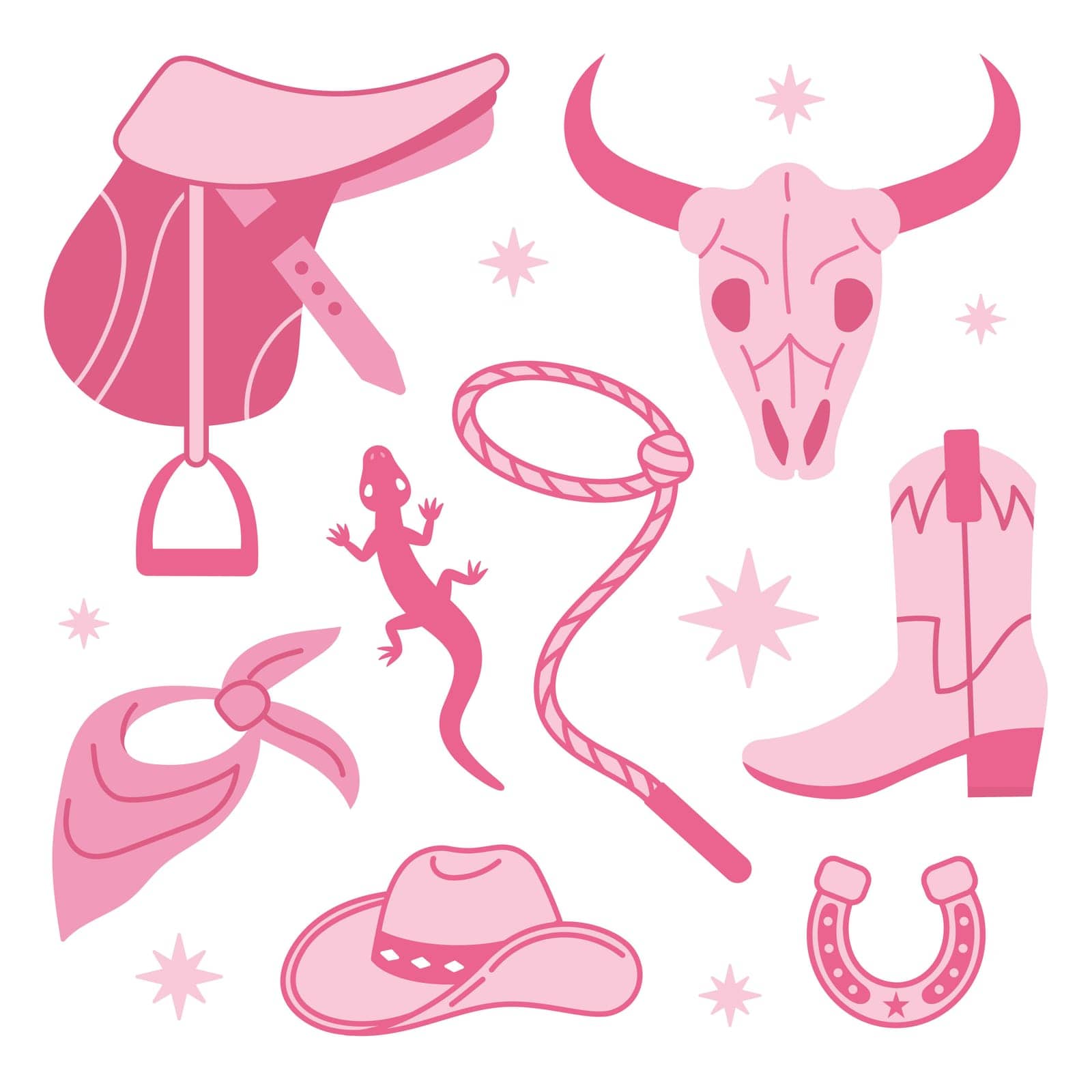 Cowboy Pink core fashion elements collection. Cowgirl boots, hat, horseshoe, cactus and horse saddle. Cowboy western and wild west theme set. Hand drawn vector illustration. Doodle icons