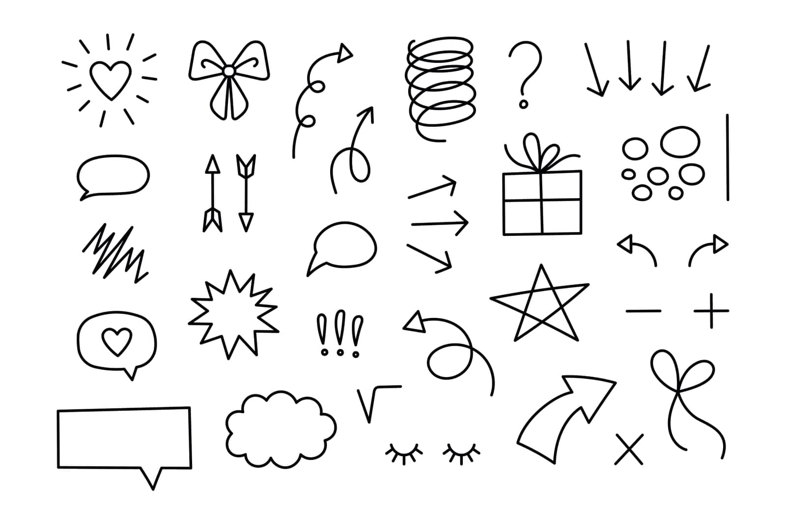 Hand drawn doodle elements set. Cartoon illustrations on white background. Doodle icons. Hand drawn Abstract shapes. Doodles of hearts, ribbons, bows, stars, gifts, arrows.