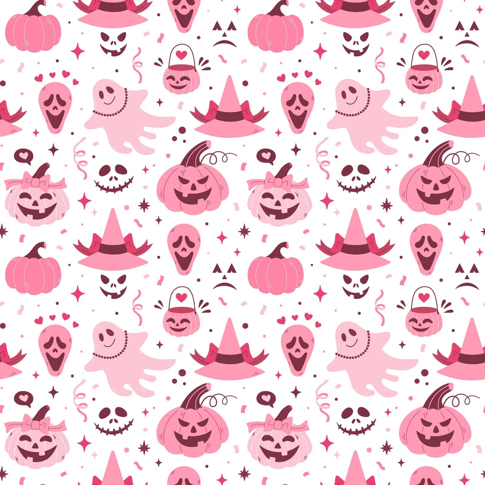 Pink core Halloween seamless pattern. Cartoon pink vector texture. Pumpkin, spirit, hat, pumpkin, Jack lantern, broom. Girls pink core style. Halloween illustration collection.