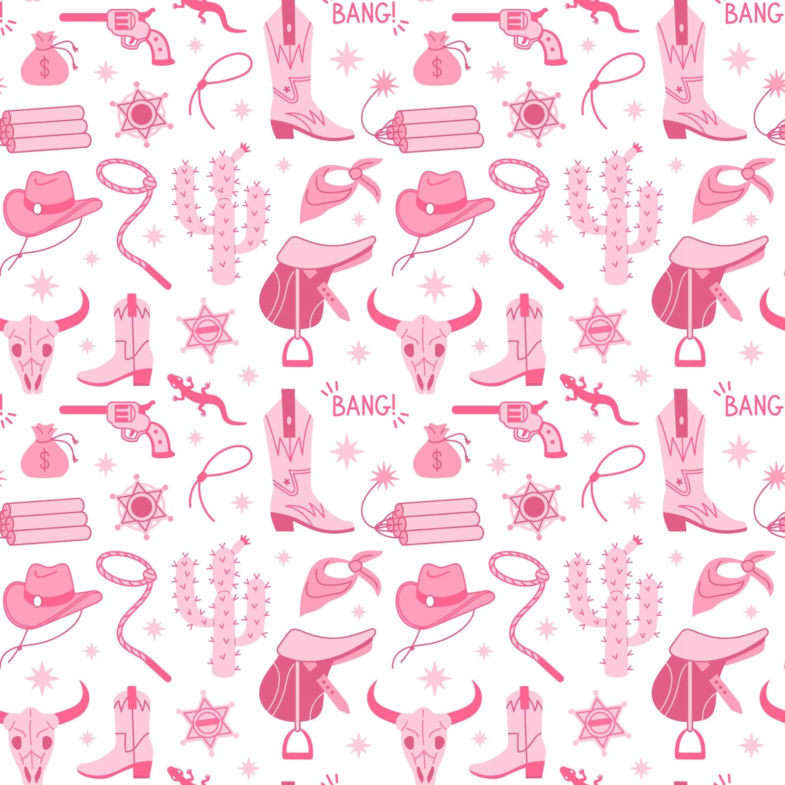 Cowboy Pink core fashion seamless pattern. Cowgirl boots, hat, cactus and lettering. Cowboy western and wild west theme texture. Hand drawn vector illustration. Doodle icons fabric.