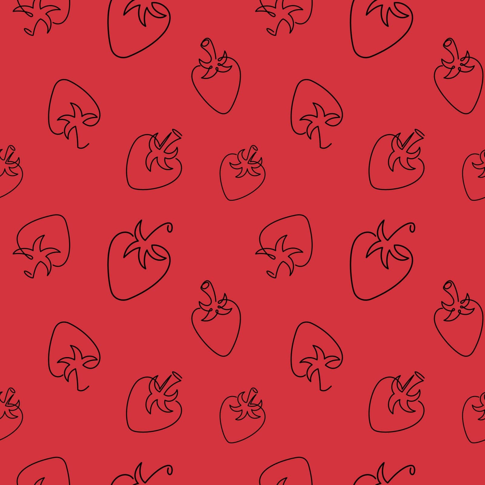 Strawberry seamless pattern. Single line art style strawberry on red background. Abstract creative food illustration in minimalism design. Hand drawn vector illustration. Line art doodle style