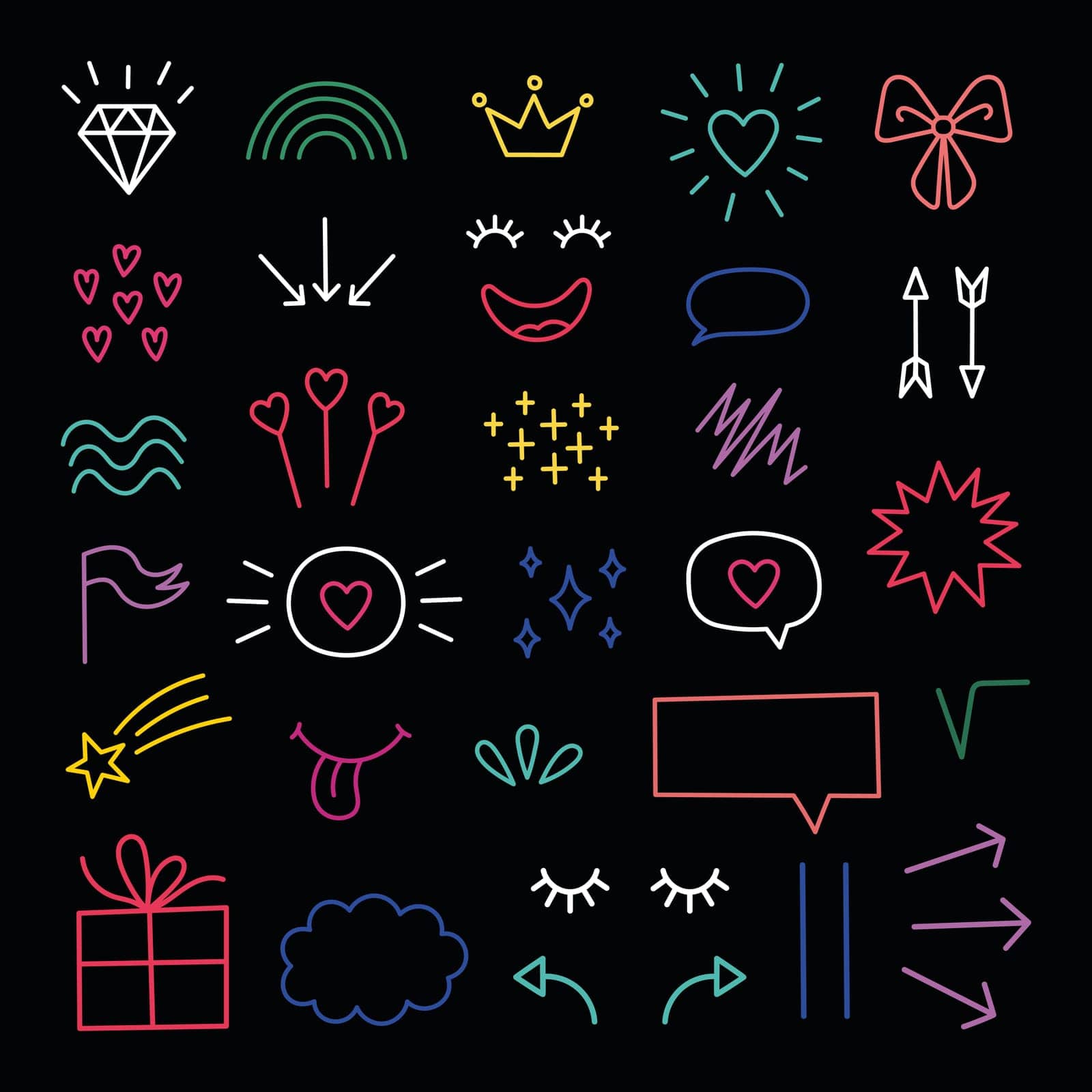 Hand drawn doodle elements set. Dark theme. Cartoon illustrations on black background. Neon elements. Hand drawn Abstract shapes. Doodles of hearts, rainbow, bows, stars, gifts, arrows.