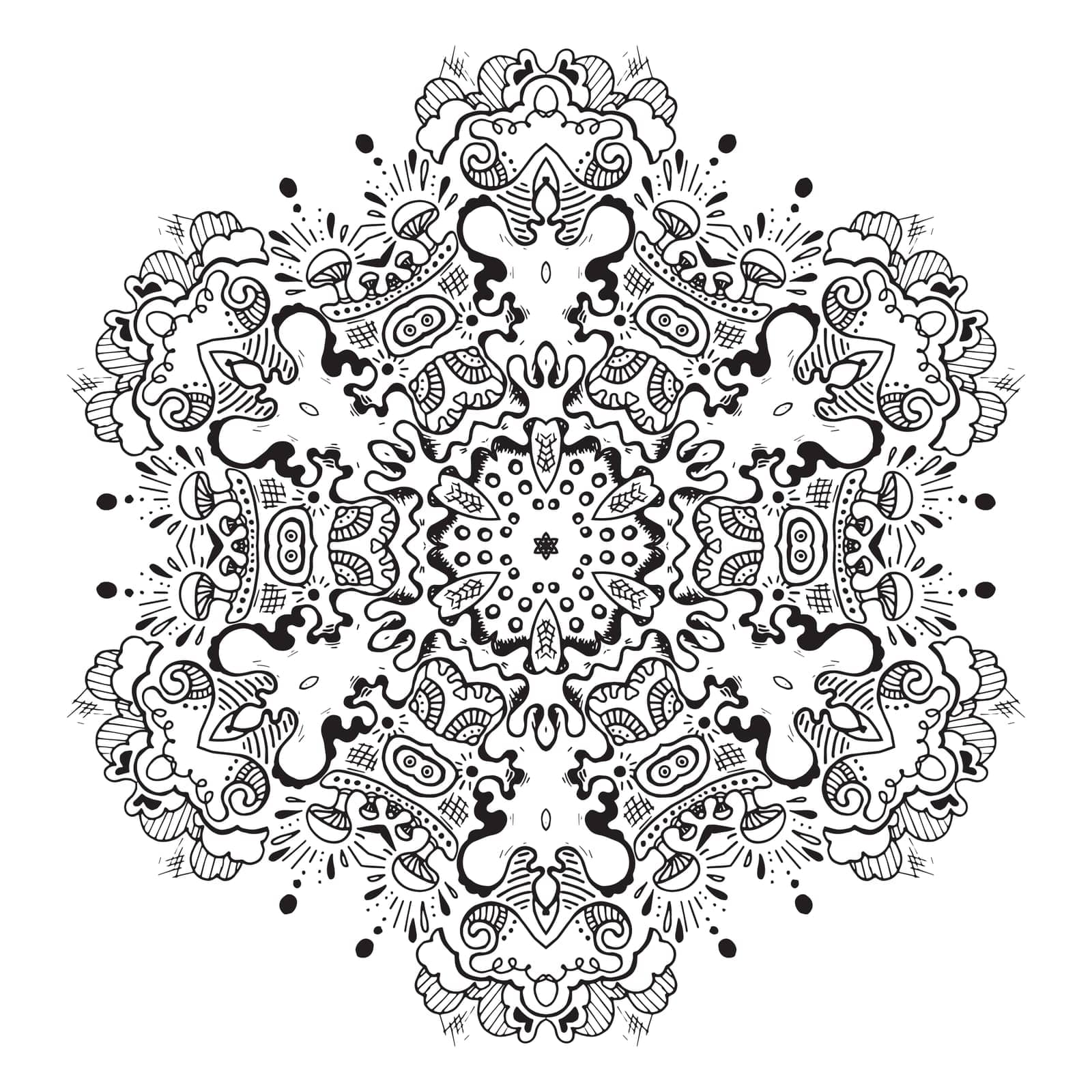 Handdrawn mandala for coloring book, lineart by Lullis