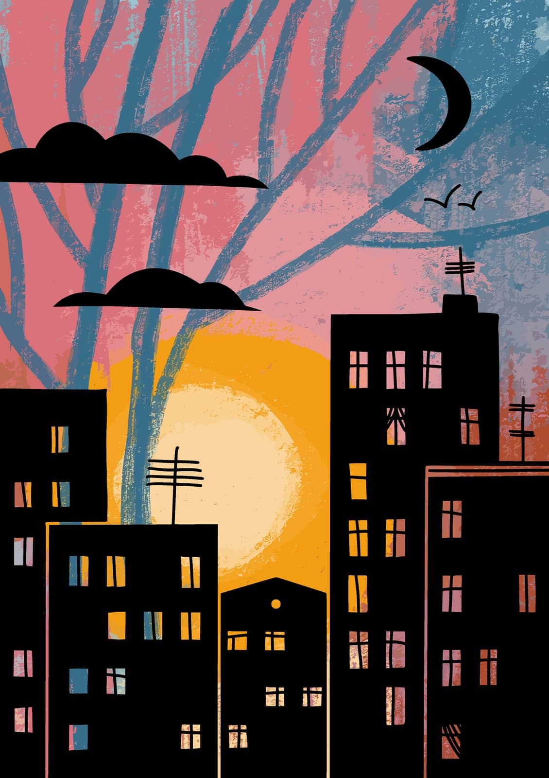 Stylized City Sunset Vertical Drawing. Black Silhouette on Pastel Colored Background. Night Background with Floating Crescent Moon, Flat Design Style Vector Illustration.