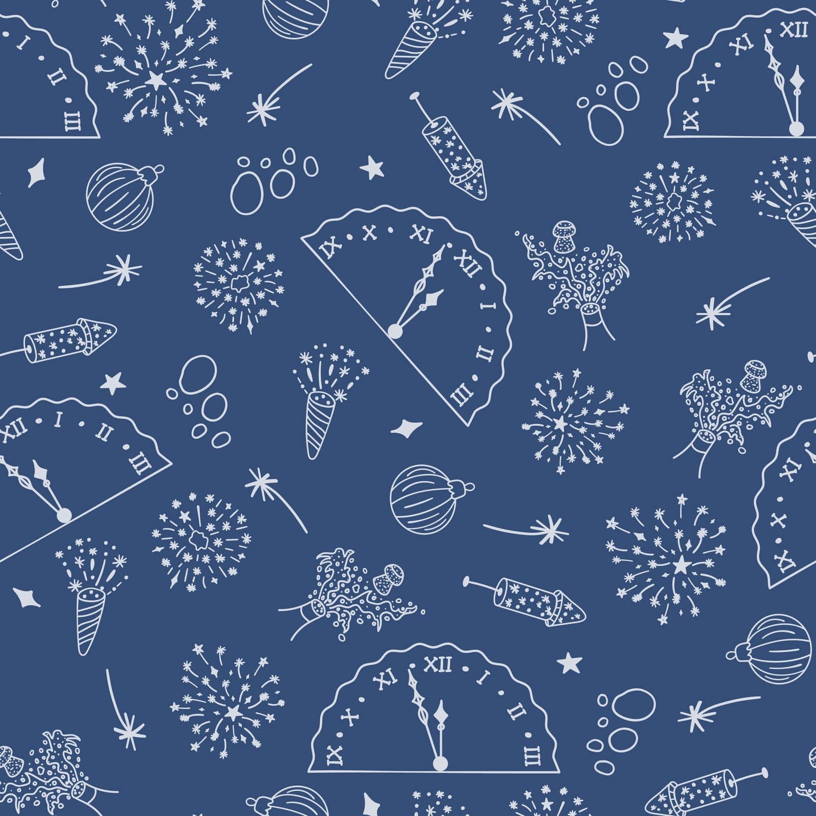 Seamless pattern with New Year s clipart. Hand drawn New Year s chimes, champagne bottleneck with foamy splashes and a flying cork, fireworks, firecracker, Christmas tree toy