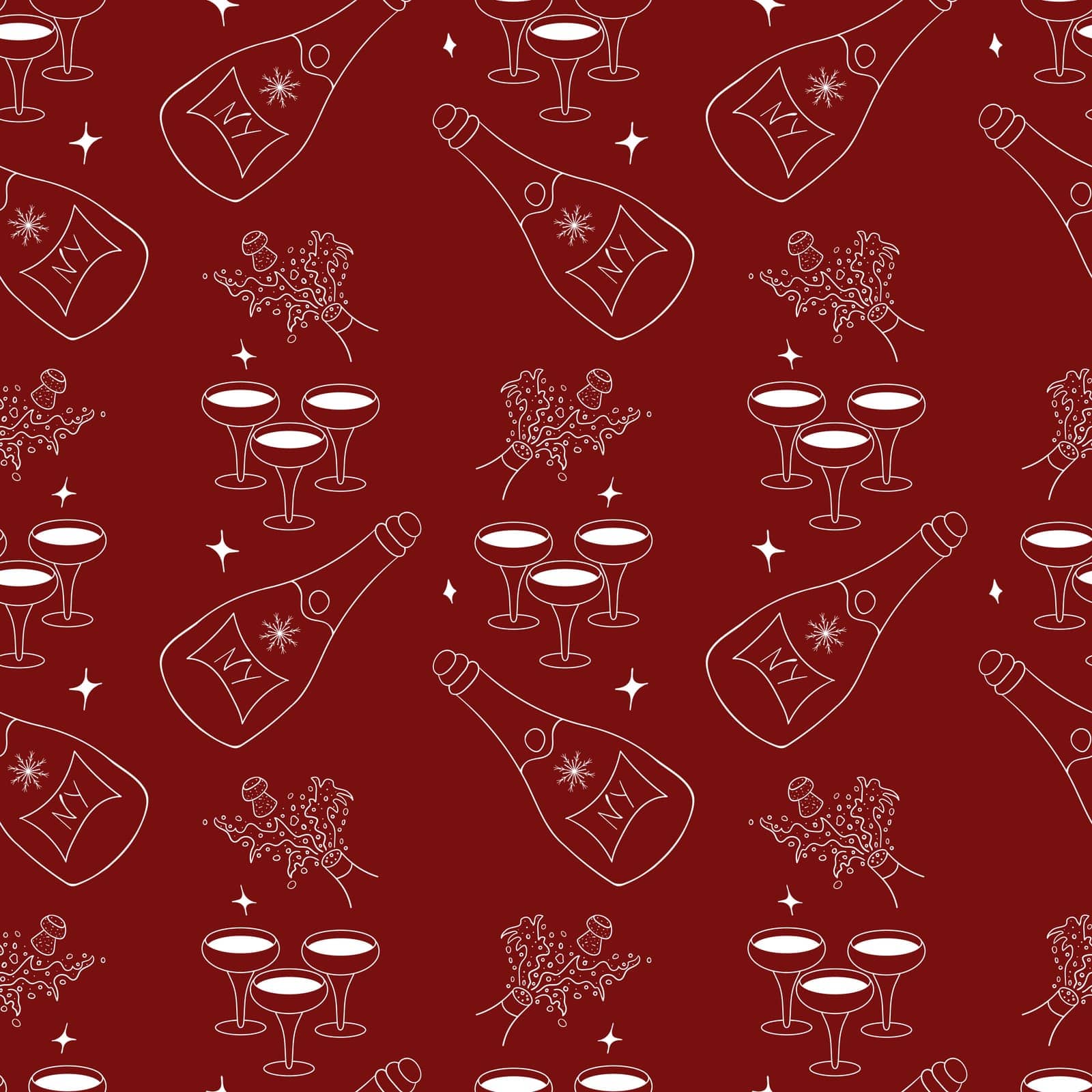 Seamless pattern with New Year s clipart. Hand drawn champagne bottleneck with foamy splashes and a flying cork, champagne bottle with label and snowflake, glasses with alcohol.