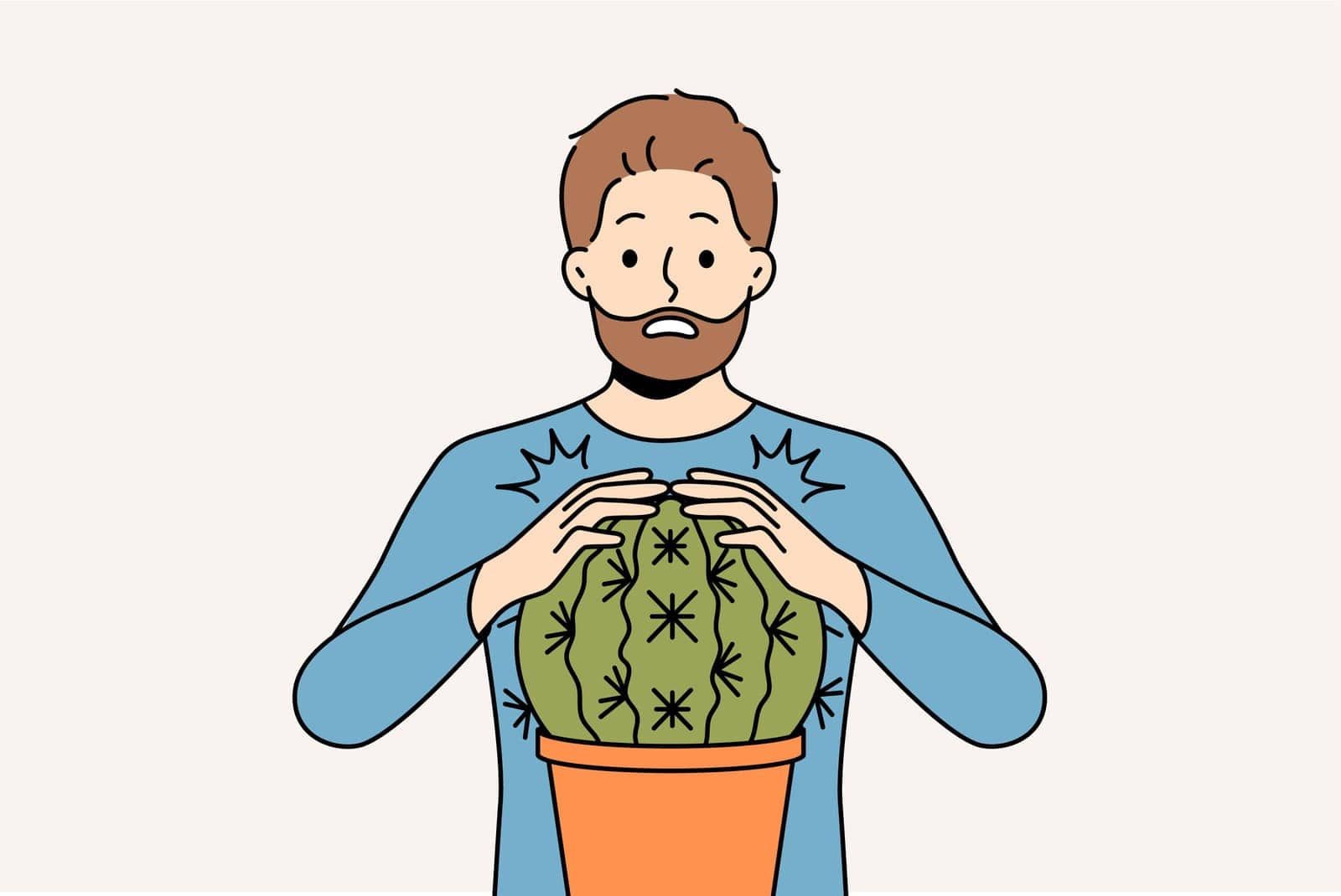 Man is scared and touches cactus and gets wound for concept of problems associated with unshaven hair and need for depilation. Funny stupid guy pricked himself touching cactus in pot