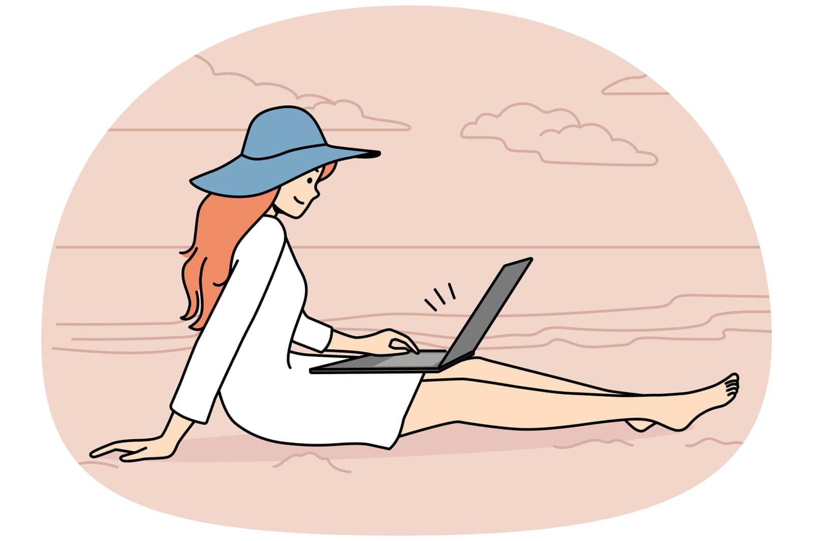 Happy female sit on seashore browse internet on computer freelancing on summer vacation. Vector illustration.