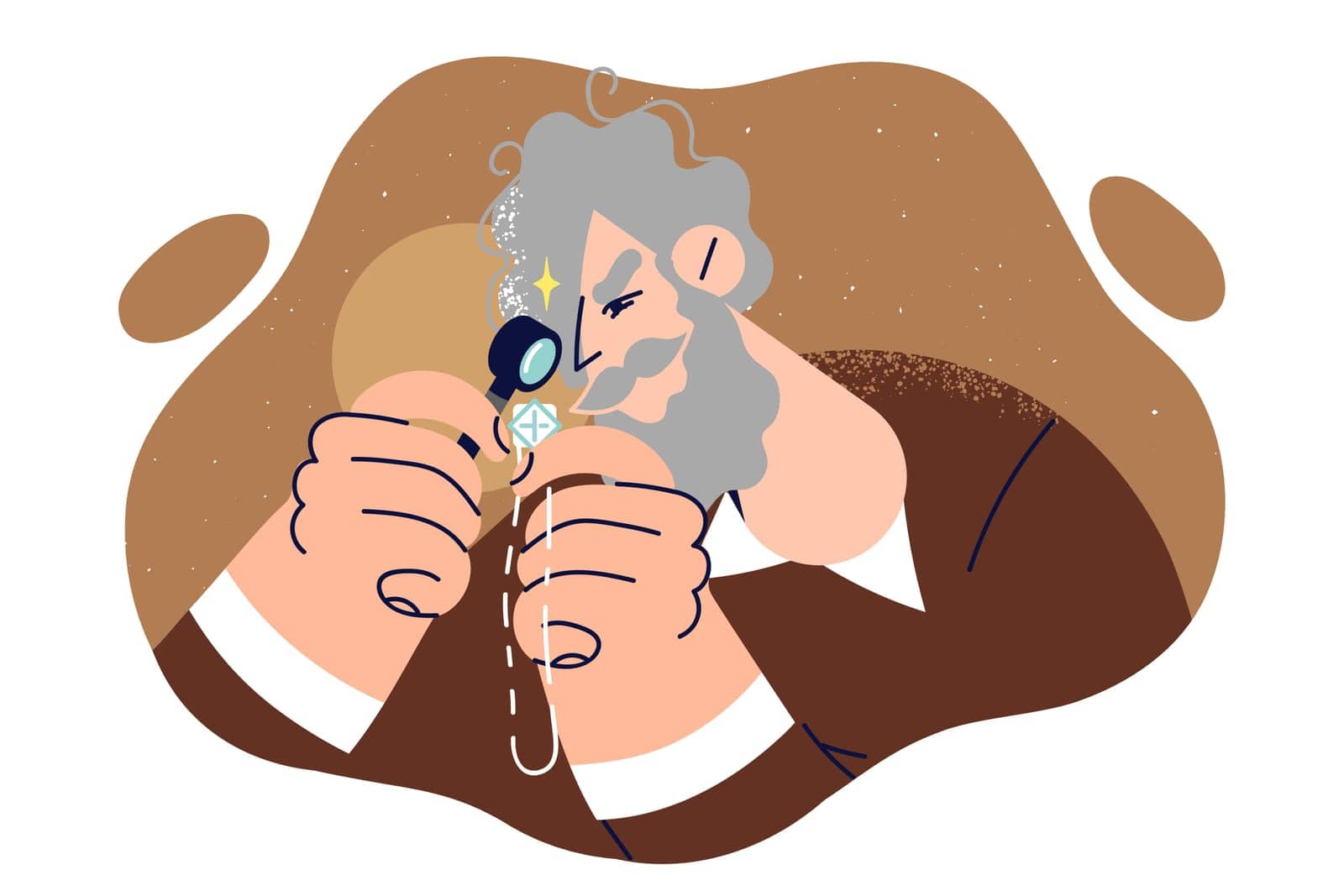 Elderly man jeweler examines silver necklace through magnifying glass to evaluate accessory by Vasilyeu