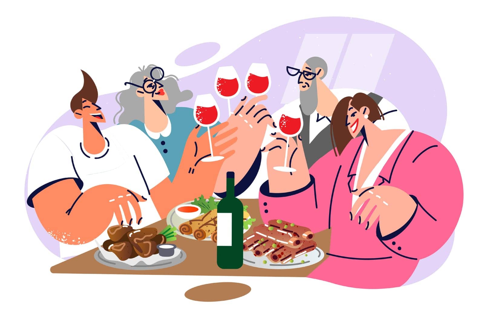 Festive feast of large family with wine and delicious dinner celebrating weekend. Elderly parents and adult children participate in feast together, celebrating wedding anniversary or birthday