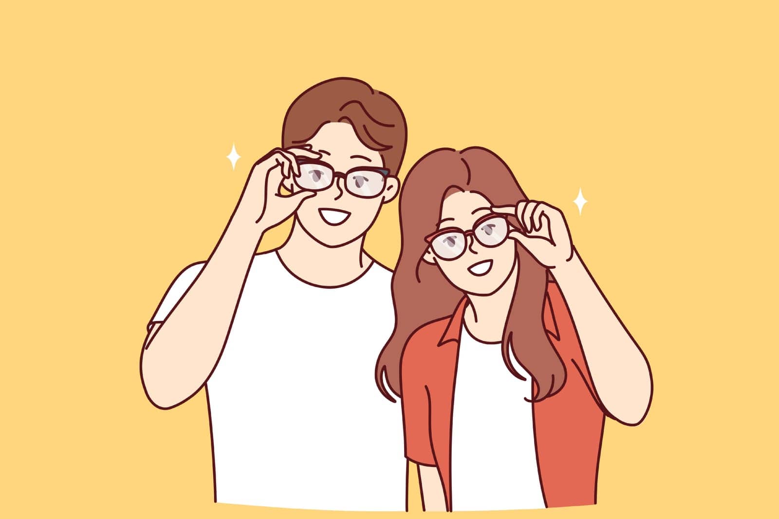 Man and woman in eyeglasses to improve or correct vision, stand in casual clothes and look at screen. Happy young couple recommends seeing ophthalmologist or visiting store with eyeglasses and lenses