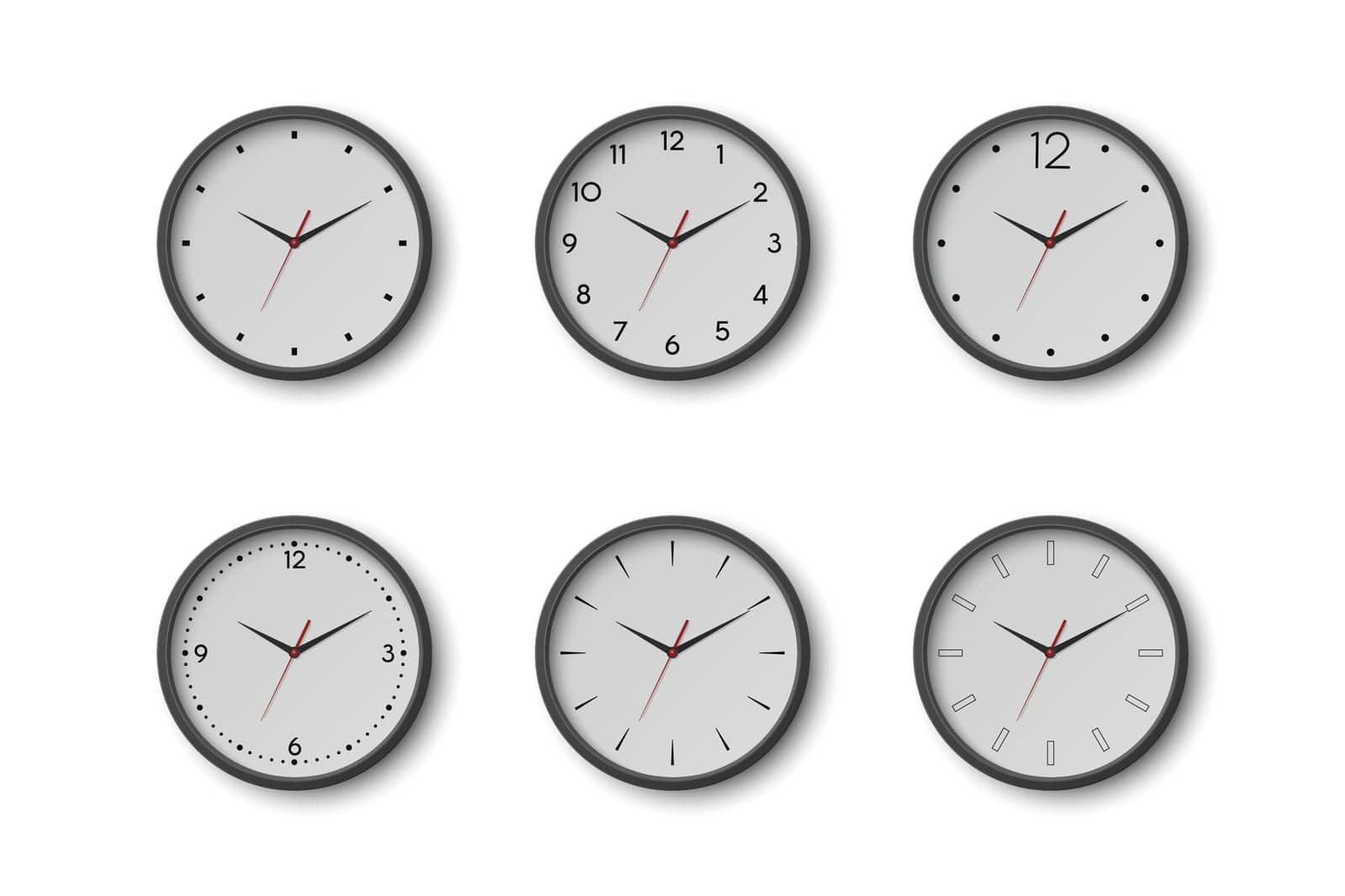 Vector 3d Round Wall Office Clock with White Clock Dial Set Closeup Isolated. Watches, Design Template, Mock-up for Branding, Advertise. Vector Simple Minimalistic Clocks, Watches in Front View.