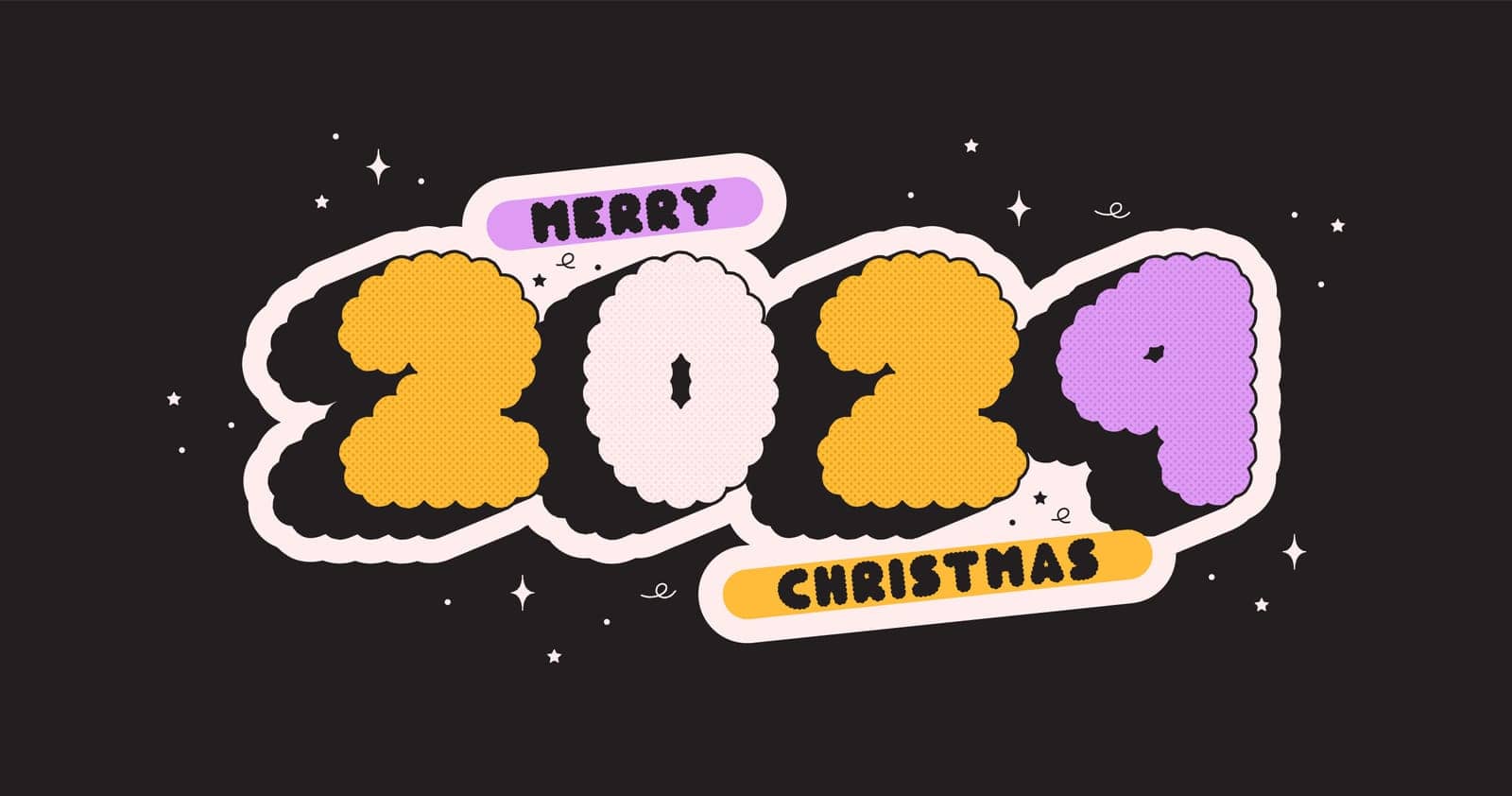 Groovy Christmas poster 2024. Yellow and purple halftone letters.