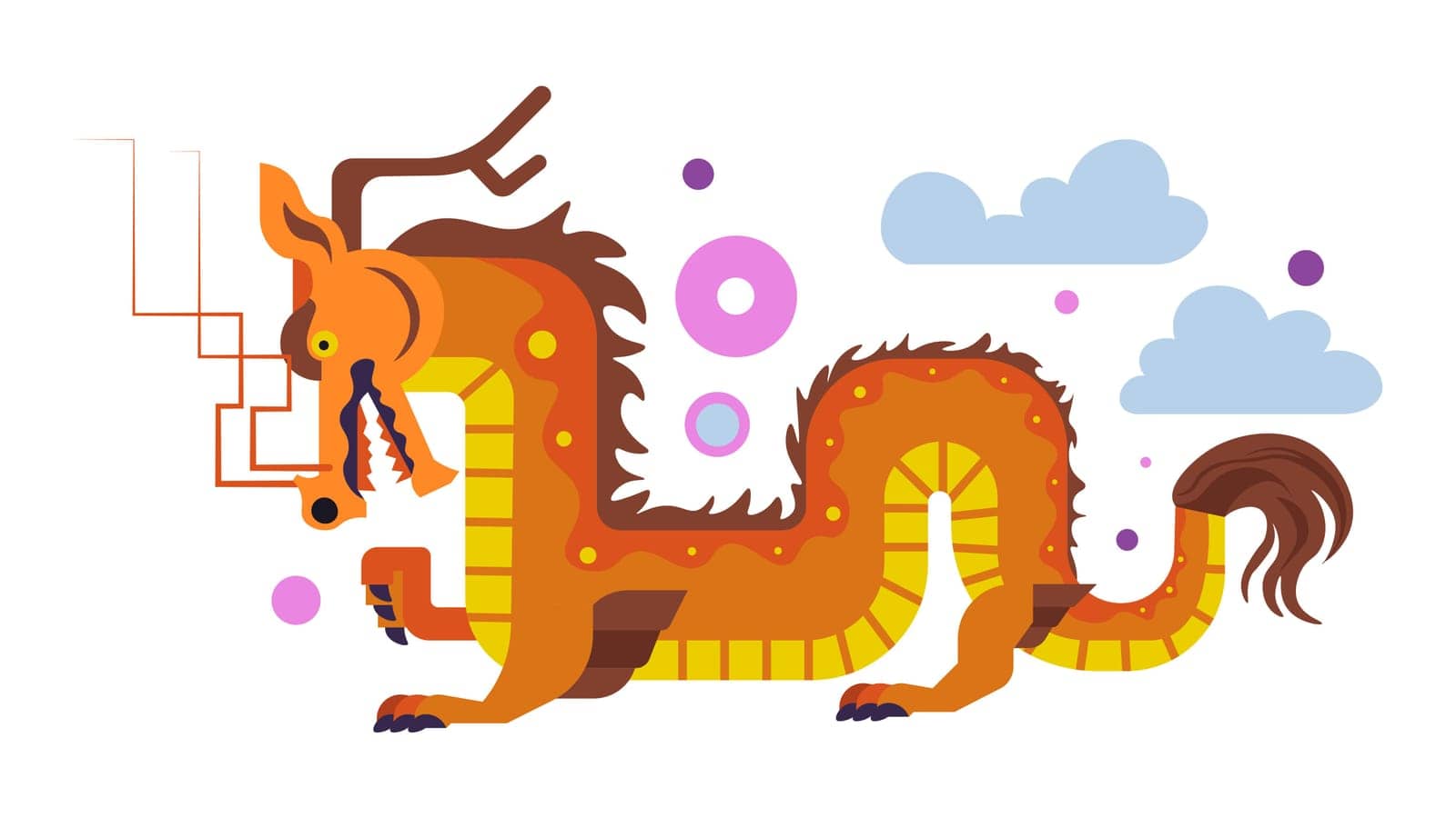 Dragon character with horns and tail, clouds effect. Isolated Chinese mythology or folklore personage, magical animal or creature, reptile from fairy tales, and stories. Vector in flat styles